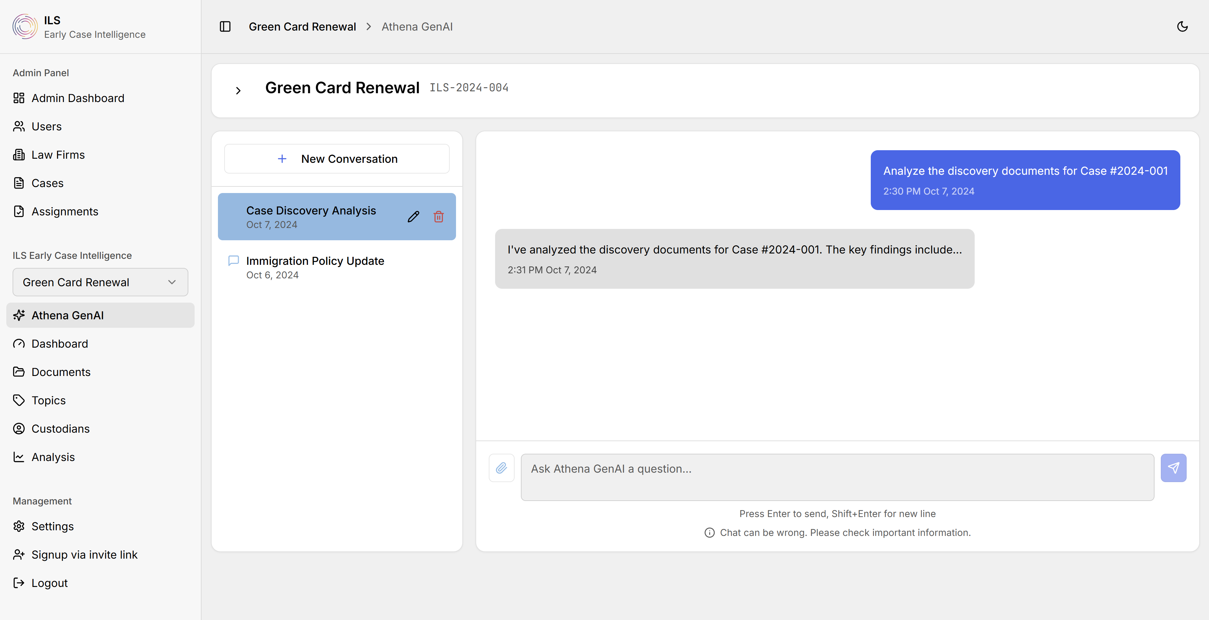 ILS Athena GenAI chat interface with case discovery analysis conversation