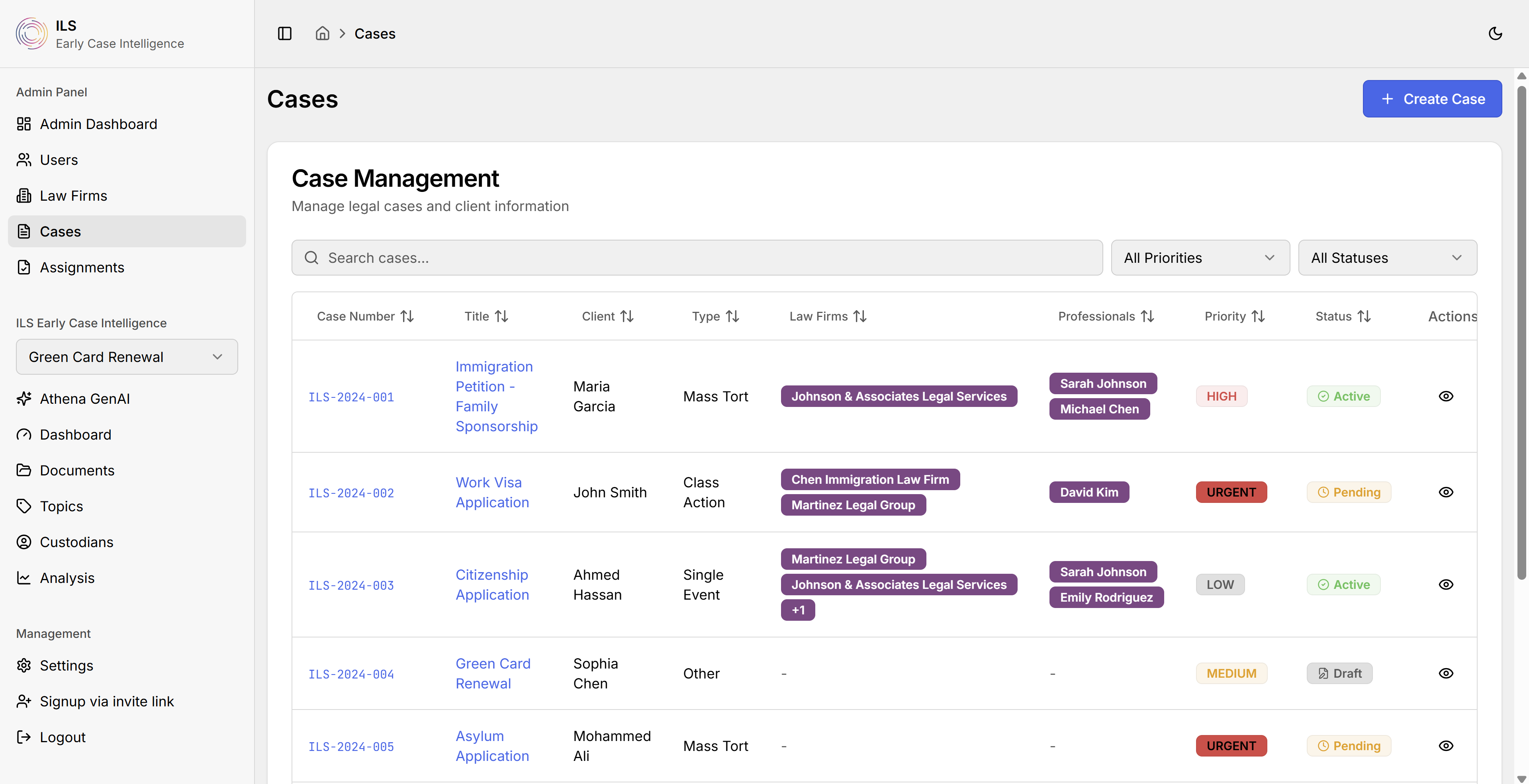 ILS case management table with case numbers, clients, law firms, priorities, and statuses