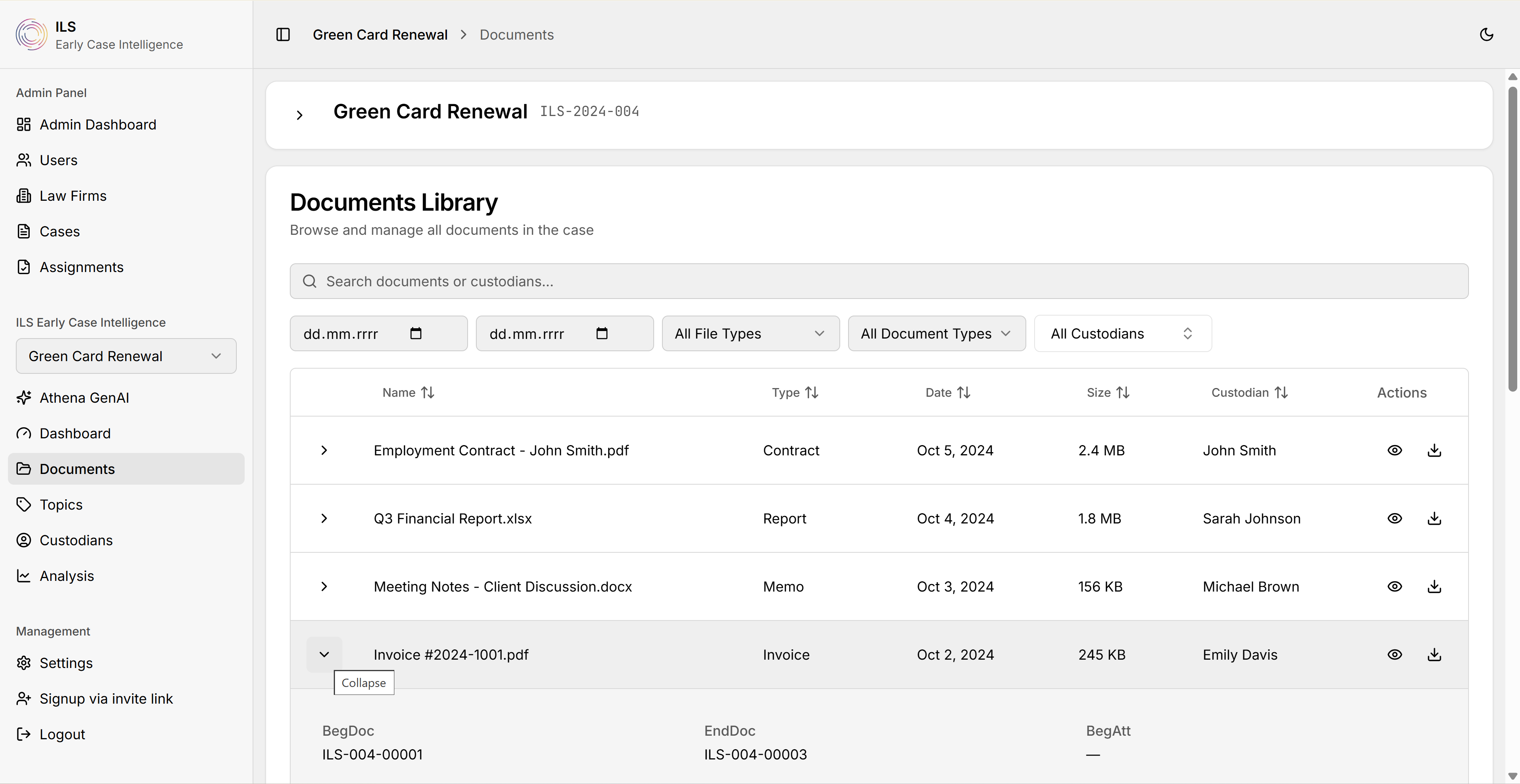 ILS documents library with search, filters, and document table showing custodian and file metadata