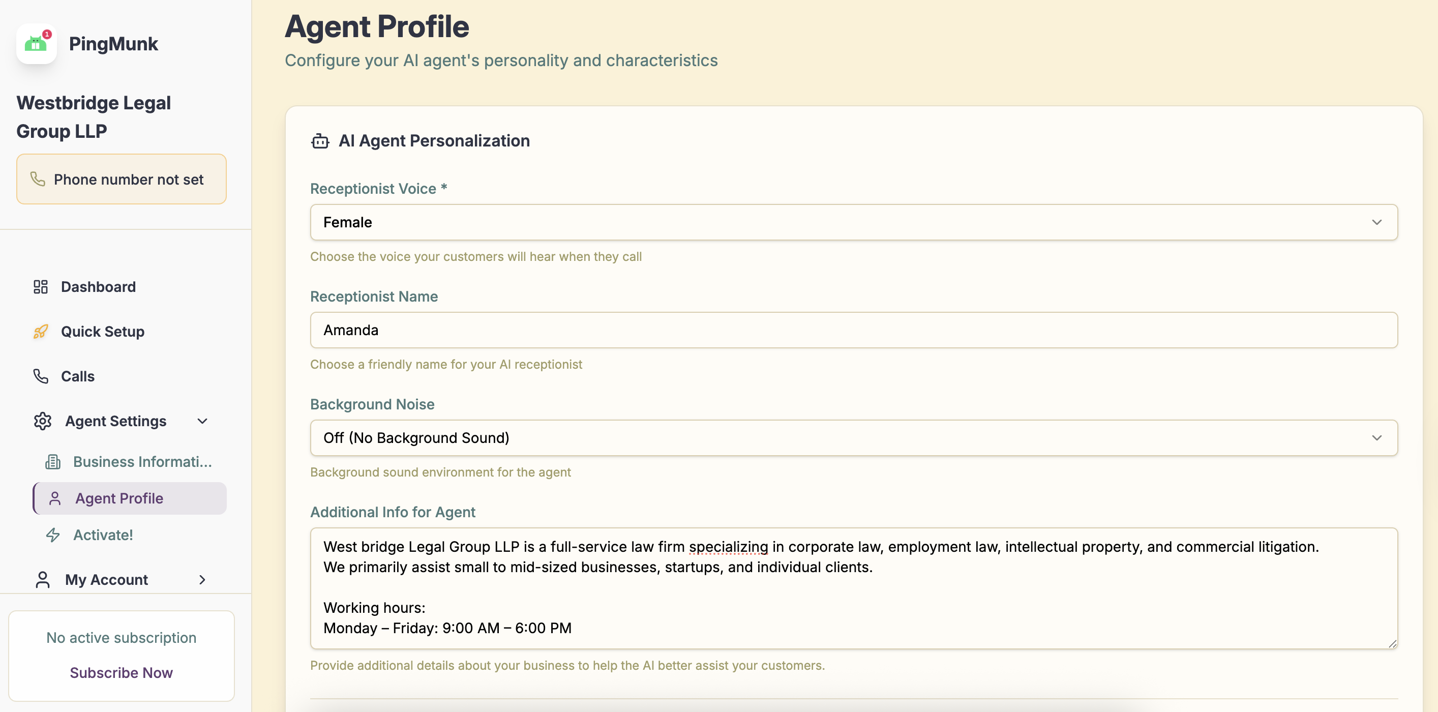 PingMunk agent profile settings with voice, name, and additional context fields
