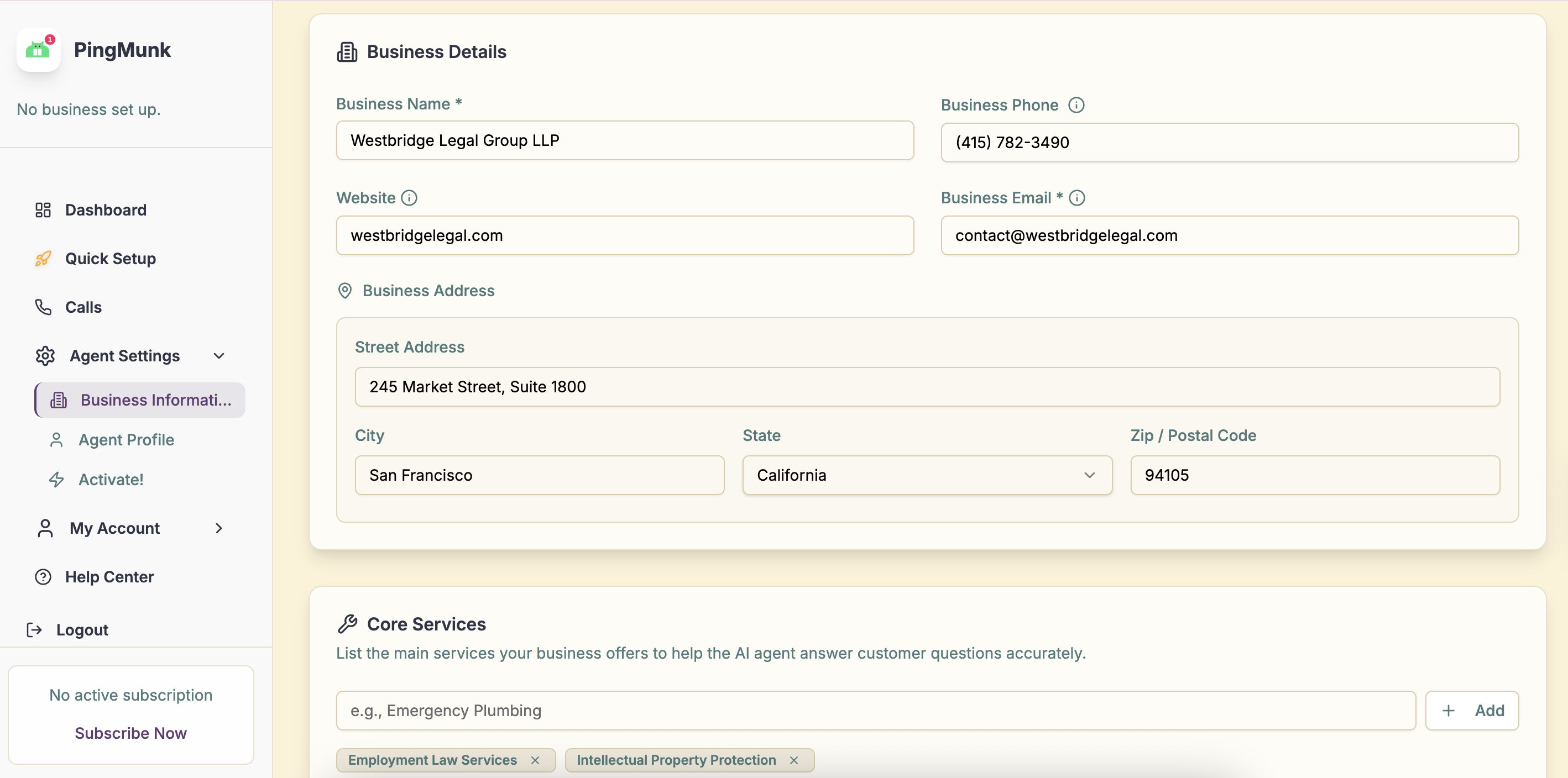 PingMunk business details form with company name, address, and service tags