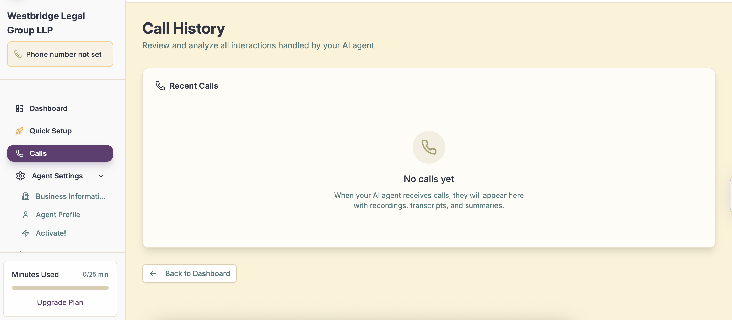 PingMunk call history page with recent calls list and empty state