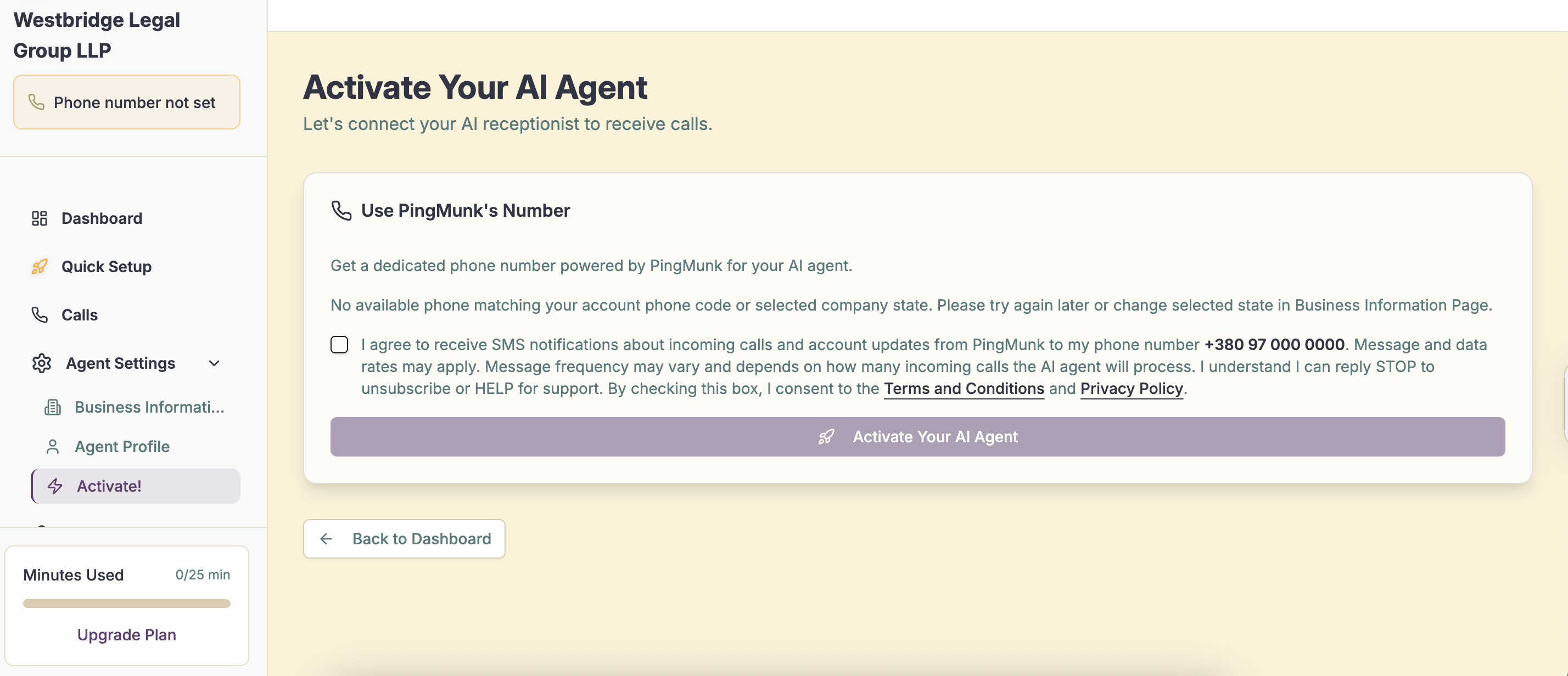 PingMunk activation page with PingMunk number provisioning and consent checkbox