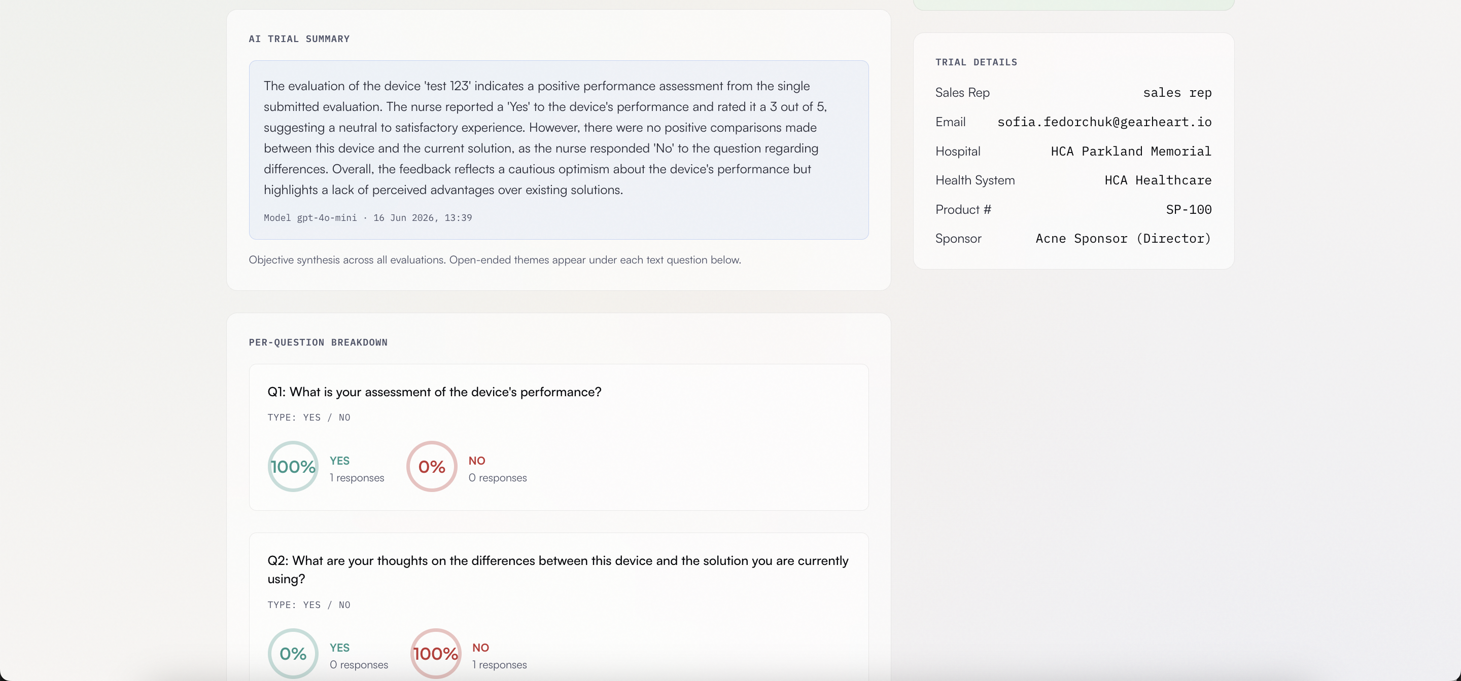 Tryalz AI trial summary and per-question breakdown with yes and no response percentages
