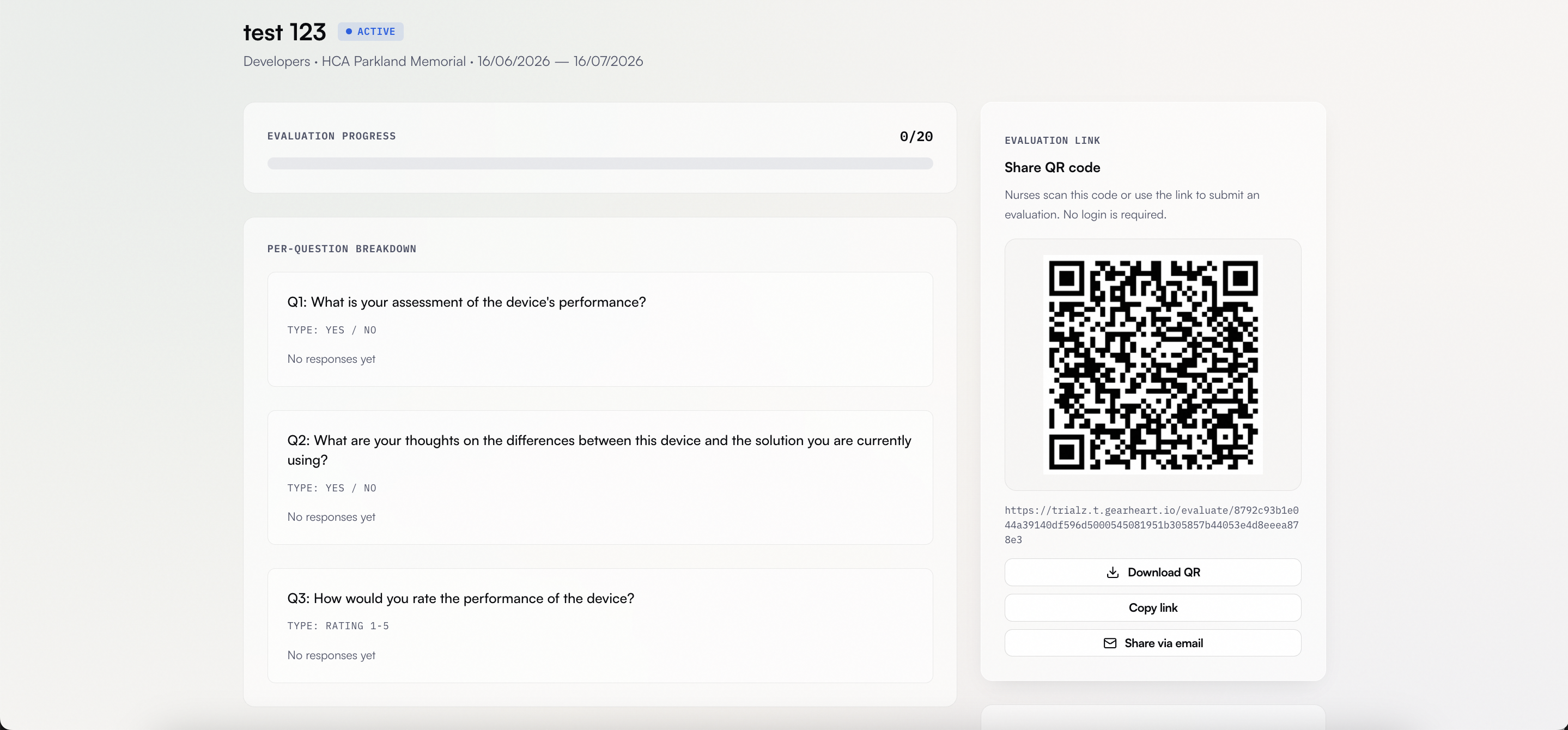 Tryalz evaluation link panel with QR code and sharing options