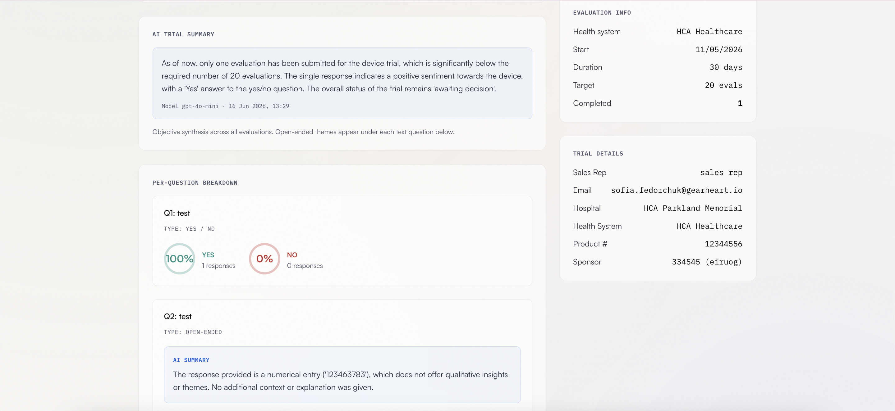 Tryalz open-ended response summary and evaluation details sidebar
